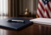 Trump and Six AI Chiefs Sign Voluntary White House Accord on ‘Super Intelligence’ A silver fountain pen on a closed navy leather folder beside a stack of blank paper on a wooden desk, with an American flag out of focus behind