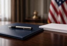 Trump and Six AI Chiefs Sign Voluntary White House Accord on ‘Super Intelligence’ A silver fountain pen on a closed navy leather folder beside a stack of blank paper on a wooden desk, with an American flag out of focus behind