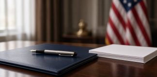 Trump and Six AI Chiefs Sign Voluntary White House Accord on ‘Super Intelligence’ A silver fountain pen on a closed navy leather folder beside a stack of blank paper on a wooden desk, with an American flag out of focus behind