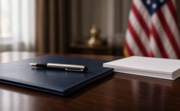 Trump and Six AI Chiefs Sign Voluntary White House Accord on ‘Super Intelligence’ A silver fountain pen on a closed navy leather folder beside a stack of blank paper on a wooden desk, with an American flag out of focus behind