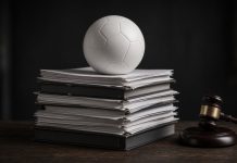 Manchester City Found Guilty of Premier League Financial Breaches: What the Verdict Means A plain white football resting on a tall stack of binders and documents beside a wooden gavel on a dark table
