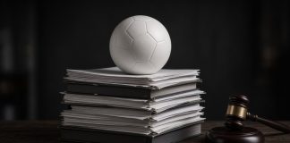 Manchester City Found Guilty of Premier League Financial Breaches: What the Verdict Means A plain white football resting on a tall stack of binders and documents beside a wooden gavel on a dark table