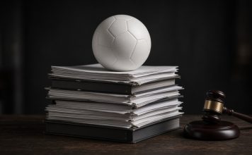 Manchester City Found Guilty of Premier League Financial Breaches: What the Verdict Means A plain white football resting on a tall stack of binders and documents beside a wooden gavel on a dark table
