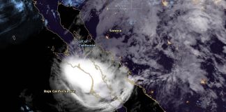 Hurricane Polo Hits Mexico Twice, Then Its Remnants Flood the US Southwest Night-time NOAA GOES-18 satellite image of Hurricane Polo's bright, dense cloud mass over the Baja California Sur peninsula, with the Gulf of California and Sonora to the northeast under lighter cloud, thin coastline outlines and city lights on the mainland