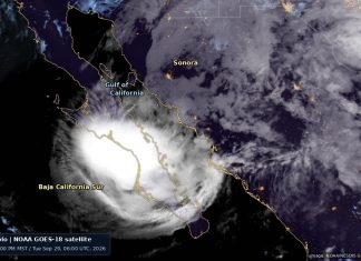 Hurricane Polo Hits Mexico Twice, Then Its Remnants Flood the US Southwest Night-time NOAA GOES-18 satellite image of Hurricane Polo's bright, dense cloud mass over the Baja California Sur peninsula, with the Gulf of California and Sonora to the northeast under lighter cloud, thin coastline outlines and city lights on the mainland