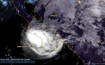 Hurricane Polo Hits Mexico Twice, Then Its Remnants Flood the US Southwest Night-time NOAA GOES-18 satellite image of Hurricane Polo's bright, dense cloud mass over the Baja California Sur peninsula, with the Gulf of California and Sonora to the northeast under lighter cloud, thin coastline outlines and city lights on the mainland