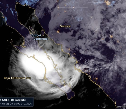 Hurricane Polo Hits Mexico Twice, Then Its Remnants Flood the US Southwest Night-time NOAA GOES-18 satellite image of Hurricane Polo's bright, dense cloud mass over the Baja California Sur peninsula, with the Gulf of California and Sonora to the northeast under lighter cloud, thin coastline outlines and city lights on the mainland