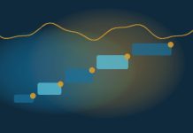How Do U.S. Treasury Auctions Work? Abstract navy scene with ascending teal and cyan steps marked by gold dots and a gold ribbon line above, suggesting an auction ladder of bids without real data labels