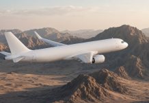 Flydubai FZ1073 Diverted to Tabuk After Cockpit Altercation as Israel Flights Are Suspended A plain white twin-engine passenger jet with no airline markings flying over rugged desert mountains in soft dawn light