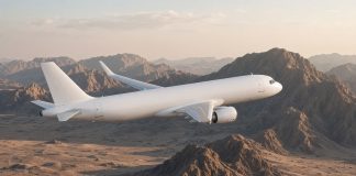 Flydubai FZ1073 Diverted to Tabuk After Cockpit Altercation as Israel Flights Are Suspended A plain white twin-engine passenger jet with no airline markings flying over rugged desert mountains in soft dawn light