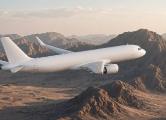 Flydubai FZ1073 Diverted to Tabuk After Cockpit Altercation as Israel Flights Are Suspended A plain white twin-engine passenger jet with no airline markings flying over rugged desert mountains in soft dawn light