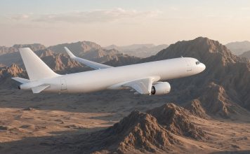 Flydubai FZ1073 Diverted to Tabuk After Cockpit Altercation as Israel Flights Are Suspended A plain white twin-engine passenger jet with no airline markings flying over rugged desert mountains in soft dawn light