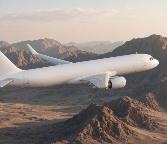 Flydubai FZ1073 Diverted to Tabuk After Cockpit Altercation as Israel Flights Are Suspended A plain white twin-engine passenger jet with no airline markings flying over rugged desert mountains in soft dawn light