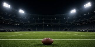 Cowboys Agree to Trade for Steelers Cornerback Joey Porter Jr. A football resting on the grass of an empty floodlit stadium at night, with white yard lines and empty stands