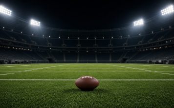 Cowboys Agree to Trade for Steelers Cornerback Joey Porter Jr. A football resting on the grass of an empty floodlit stadium at night, with white yard lines and empty stands