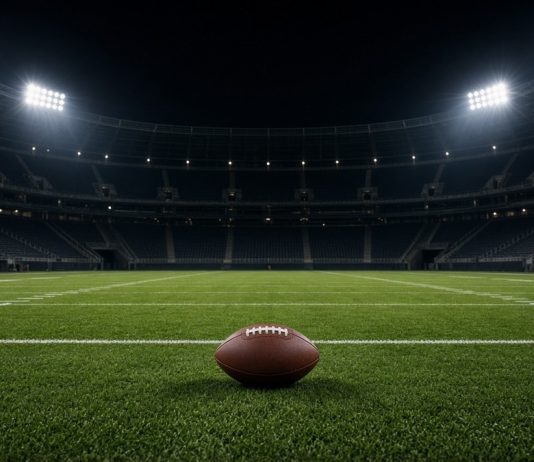 Cowboys Agree to Trade for Steelers Cornerback Joey Porter Jr. A football resting on the grass of an empty floodlit stadium at night, with white yard lines and empty stands