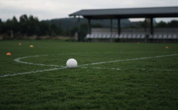 Cristiano Ronaldo Leaves Portugal Camp, Then Portugal Beat Denmark 4-2 Without Him A white football resting on the center circle of an empty training pitch, with orange cones and a covered team bench in the background on an overcast day