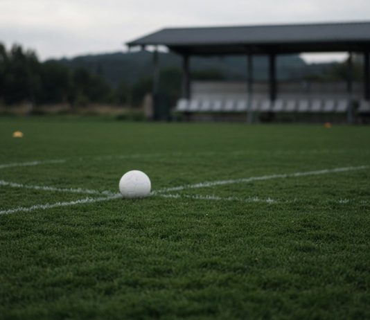 Cristiano Ronaldo Leaves Portugal Camp, Then Portugal Beat Denmark 4-2 Without Him A white football resting on the center circle of an empty training pitch, with orange cones and a covered team bench in the background on an overcast day