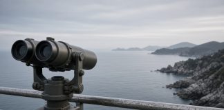 North Korea Fires Ballistic Missile After Seoul Demands Apology Over DMZ Mine Blast Mounted observation binoculars on a metal railing overlooking a calm grey sea and a rocky coastline under an overcast morning sky
