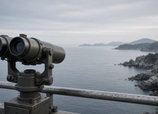 North Korea Fires Ballistic Missile After Seoul Demands Apology Over DMZ Mine Blast Mounted observation binoculars on a metal railing overlooking a calm grey sea and a rocky coastline under an overcast morning sky