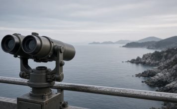 North Korea Fires Ballistic Missile After Seoul Demands Apology Over DMZ Mine Blast Mounted observation binoculars on a metal railing overlooking a calm grey sea and a rocky coastline under an overcast morning sky