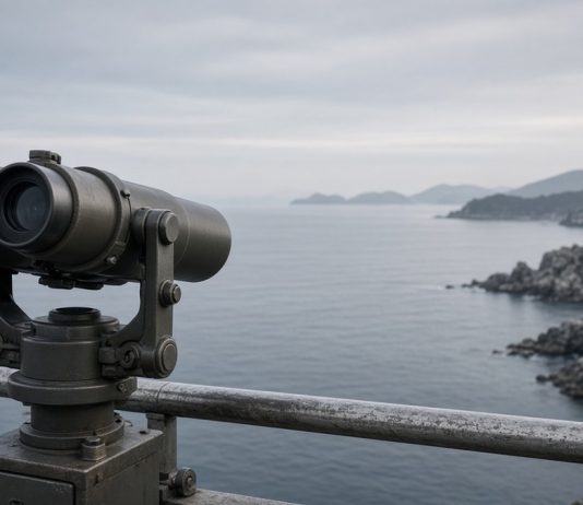 North Korea Fires Ballistic Missile After Seoul Demands Apology Over DMZ Mine Blast Mounted observation binoculars on a metal railing overlooking a calm grey sea and a rocky coastline under an overcast morning sky