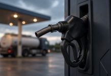 G7 Agrees 100 Million Barrel Oil and Diesel Release After Trump Export Ban Threat A black diesel fuel nozzle in its holder on a pump at a filling station at dusk, with a tanker truck blurred in the background