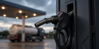 G7 Agrees 100 Million Barrel Oil and Diesel Release After Trump Export Ban Threat A black diesel fuel nozzle in its holder on a pump at a filling station at dusk, with a tanker truck blurred in the background