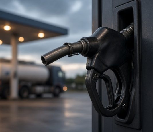 G7 Agrees 100 Million Barrel Oil and Diesel Release After Trump Export Ban Threat A black diesel fuel nozzle in its holder on a pump at a filling station at dusk, with a tanker truck blurred in the background