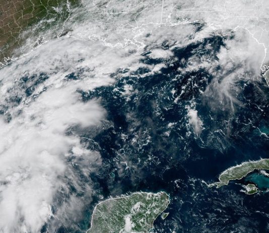 NHC Raises Gulf Development Odds to 80% as Tropical Depression Expected GOES-19 satellite view of clouds over the southwestern Gulf off eastern Mexico, with Texas, Louisiana and Florida coasts