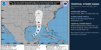 Tropical Storm Isaias Prompts Hurricane Watch for Northern Gulf Coast NHC forecast cone map showing Tropical Storm Isaias tracking toward the northern Gulf Coast with hurricane watches posted