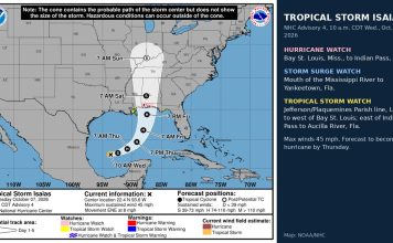 Tropical Storm Isaias Prompts Hurricane Watch for Northern Gulf Coast NHC forecast cone map showing Tropical Storm Isaias tracking toward the northern Gulf Coast with hurricane watches posted