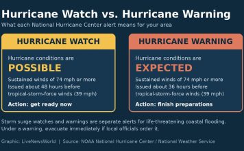 Hurricane Watch vs. Warning: What Each Alert Means and What to Do Graphic comparing a hurricane watch, when hurricane conditions are possible, with a hurricane warning, when they are expected