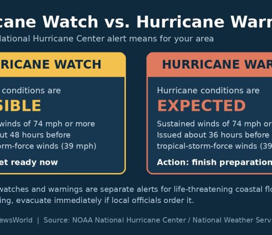 Hurricane Watch vs. Warning: What Each Alert Means and What to Do Graphic comparing a hurricane watch, when hurricane conditions are possible, with a hurricane warning, when they are expected