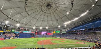 Rays Beat Guardians 3-1 in ALCS Game 2 Behind Peralta to Even Series Fans watch a Tampa Bay Rays game under the domed roof of Tropicana Field in St. Petersburg, Florida