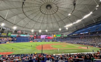 Rays Beat Guardians 3-1 in ALCS Game 2 Behind Peralta to Even Series Fans watch a Tampa Bay Rays game under the domed roof of Tropicana Field in St. Petersburg, Florida