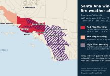 Santa Ana Winds Prompt Red Flag Warnings, Power Shutoffs Across California Map of Southern California showing National Weather Service Red Flag and High Wind Warning areas on Oct. 15, 2026