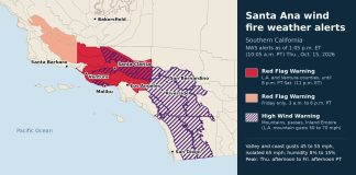 Santa Ana Winds Prompt Red Flag Warnings, Power Shutoffs Across California Map of Southern California showing National Weather Service Red Flag and High Wind Warning areas on Oct. 15, 2026