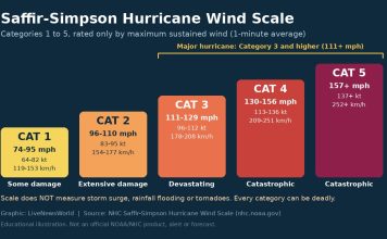 Saffir-Simpson Hurricane Scale Explained: What Each Category Means Bar chart of Saffir-Simpson Hurricane Wind Scale Categories 1 to 5 with sustained wind ranges