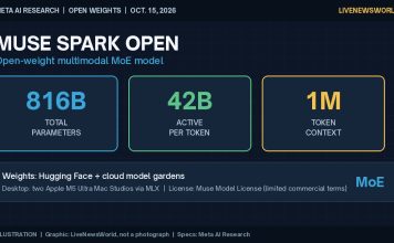 Meta Releases Muse Spark Open, 816B-Parameter Open-Weight Multimodal Model Illustrated graphic of Meta Muse Spark Open specs: 816B total, 42B active, 1M context