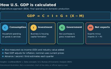 How GDP Is Calculated and Why It Moves Markets Infographic of GDP formula C plus I plus G plus net exports
