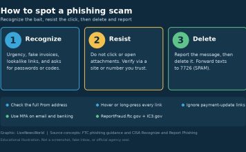 How to Spot a Phishing Scam in 2026 Infographic showing recognize resist delete steps to spot phishing scams