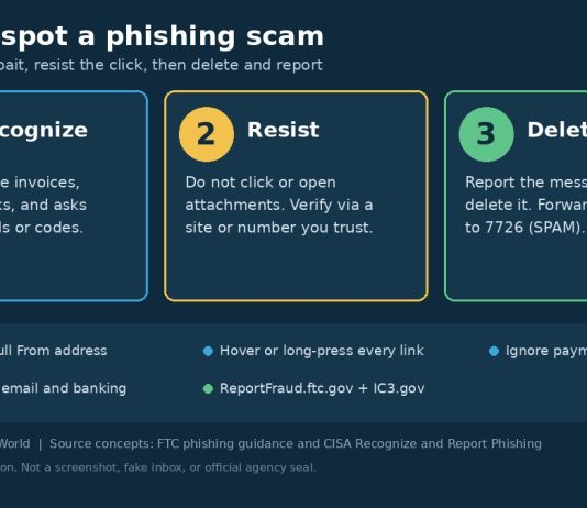 How to Spot a Phishing Scam in 2026 Infographic showing recognize resist delete steps to spot phishing scams