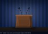 Katie Zacharia Out as White House Press Secretary After Five Days Illustration of an empty wooden podium with two microphones in front of a blue curtain