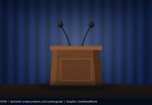 Katie Zacharia Out as White House Press Secretary After Five Days Illustration of an empty wooden podium with two microphones in front of a blue curtain