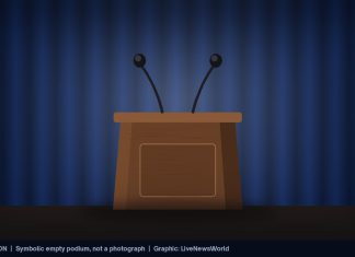 Katie Zacharia Out as White House Press Secretary After Five Days Illustration of an empty wooden podium with two microphones in front of a blue curtain