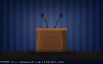 Katie Zacharia Out as White House Press Secretary After Five Days Illustration of an empty wooden podium with two microphones in front of a blue curtain