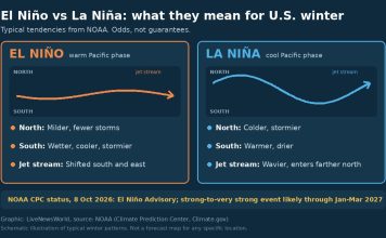 El Niño vs La Niña: What They Mean for U.S. Winter Infographic comparing typical U.S. winter jet stream patterns during El Niño and La Niña