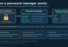 How Password Managers Work, and Are They Safe? Diagram showing how a password manager turns one primary password into unique passwords for every account