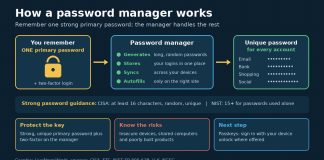 How Password Managers Work, and Are They Safe? Diagram showing how a password manager turns one primary password into unique passwords for every account